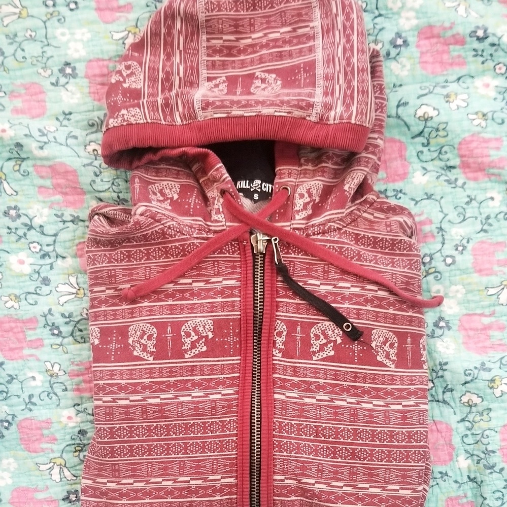 Kill City Hoodie Wine Red color w Skulls & Daggers